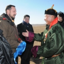 UNDP Goodwill Ambassador HRH Crown Prince Haakon, and Governor Jargal of Khentii province are greeted by nomadic herder Gantuya. For editorial use only - not for sale. Photo: D. Rentsendorj, MONTSAME news agency. Picture size: 2144 x 1424 px 1,92 MB.